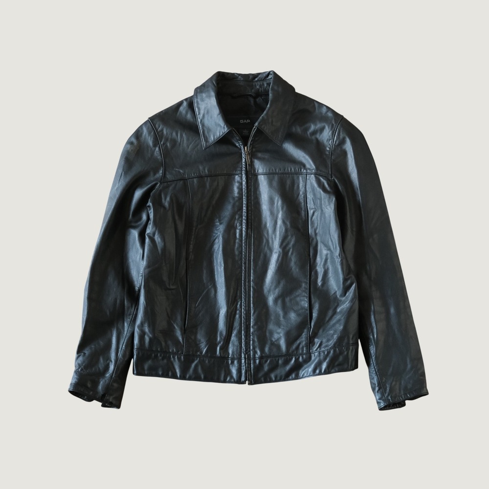 Gap‎ Leather Jacket Womens Black Zip Up 90s Minimalist S Coat Y2K Biker Retro